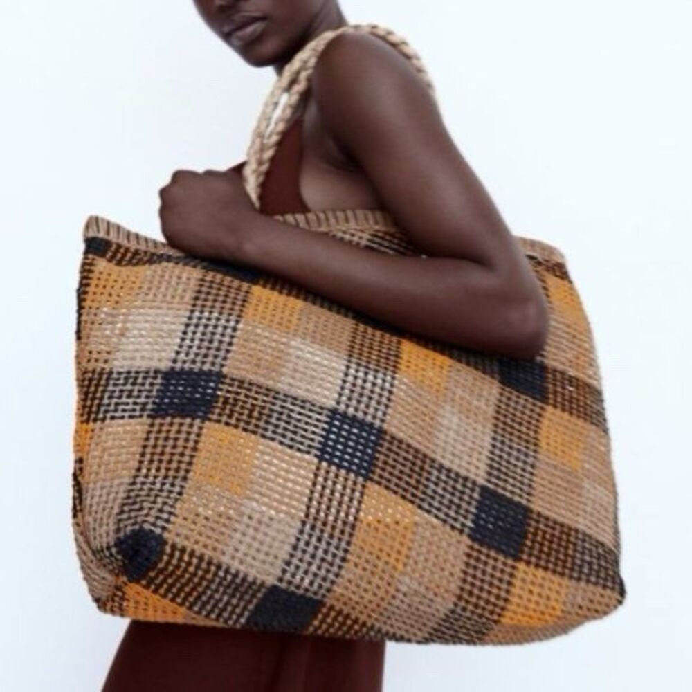 Zara Plaid Woven Straw Large Tote Bag